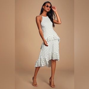 Lulu’s Envy White and Green Polka Dot Ruffled Midi Dress